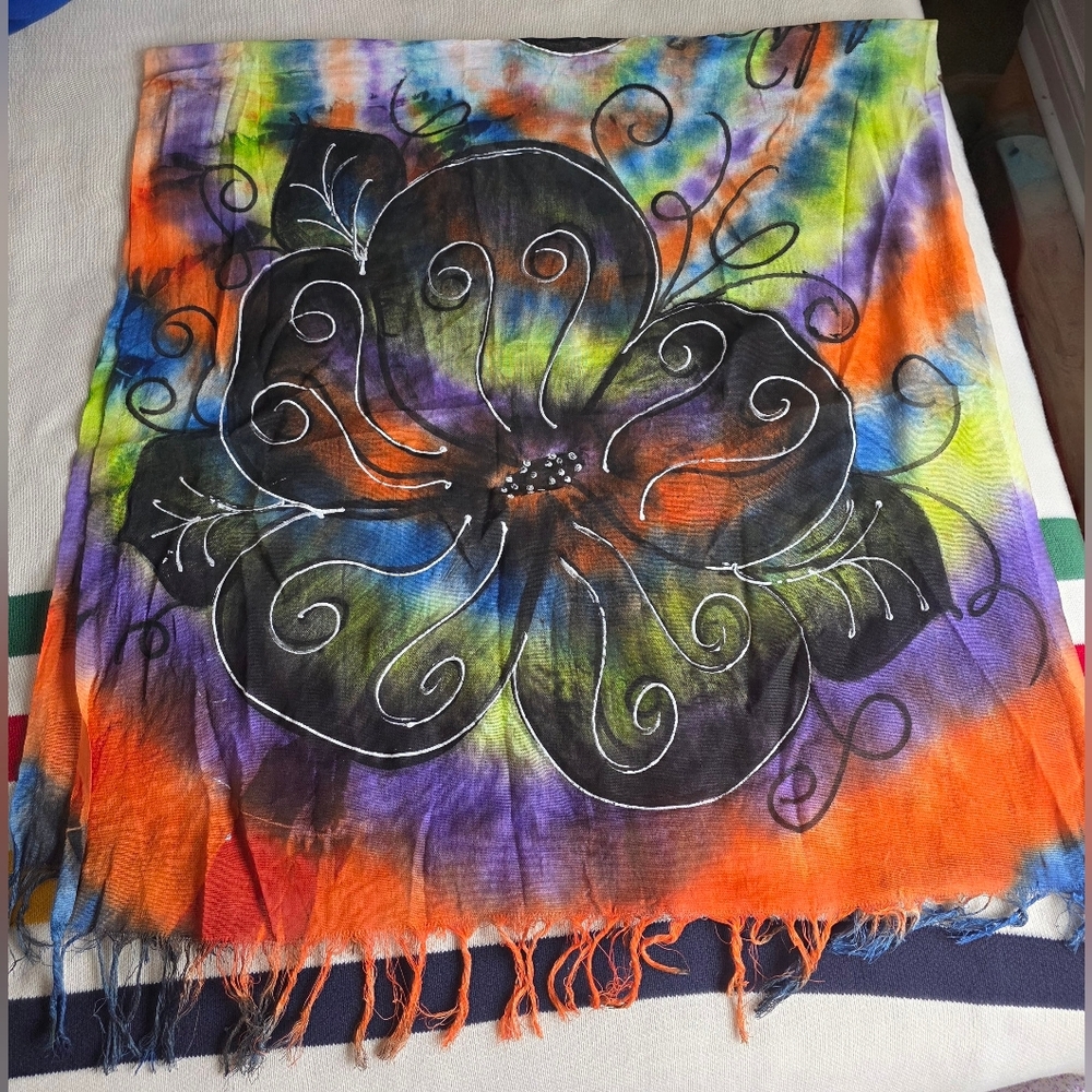 Vibrant Floral Tie-Dye Painted XL Beach Wrap Scarf W Tassels New